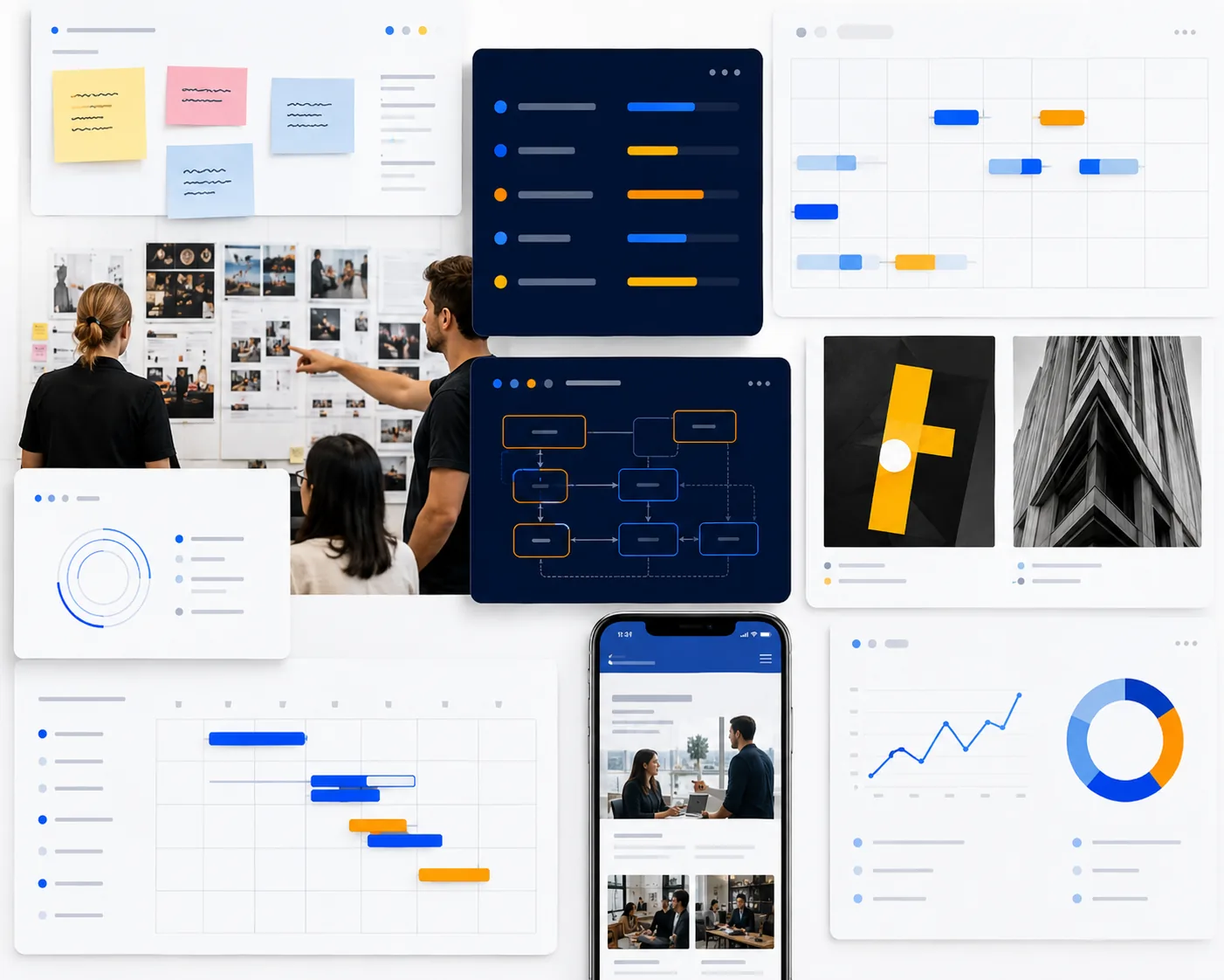 A coordinated marketing studio workspace with campaign planning, media, experience, and performance views