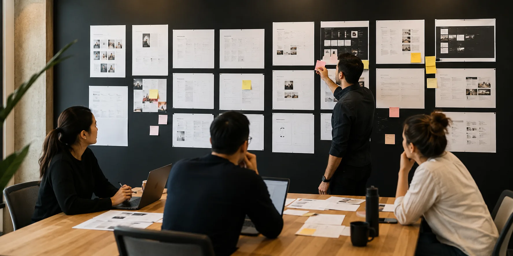 A team reviewing an organized campaign planning wall